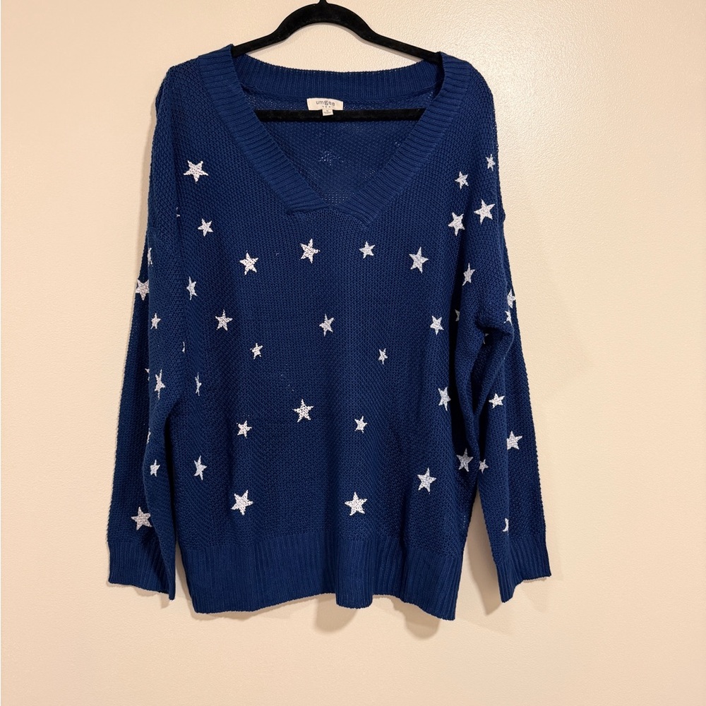 Umgee Blue Knit Star Print Oversized Sweater Women's Size Medium Fourth of July